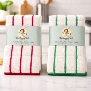 The Sloppy Chef 3-Pack Microfiber Kitchen Towels Red Stripe 15x25 NWT